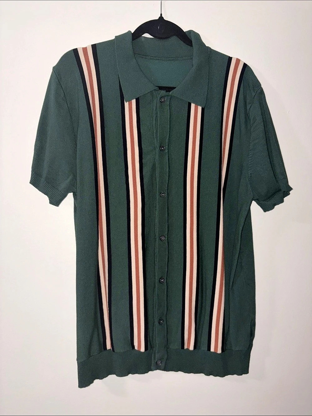 OXKnit Men's 60s Green Vertical Stripe Knit Polo Shirt